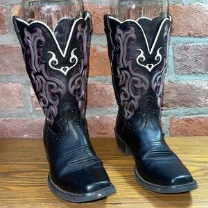 Justin stampede boot 2554JR Black and purple Deercow leather Size 2D